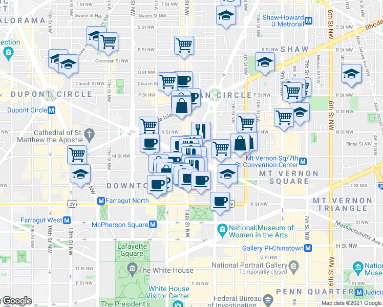 map of restaurants, bars, coffee shops, grocery stores, and more near 14th St NW & Thomas Cir NW in Washington