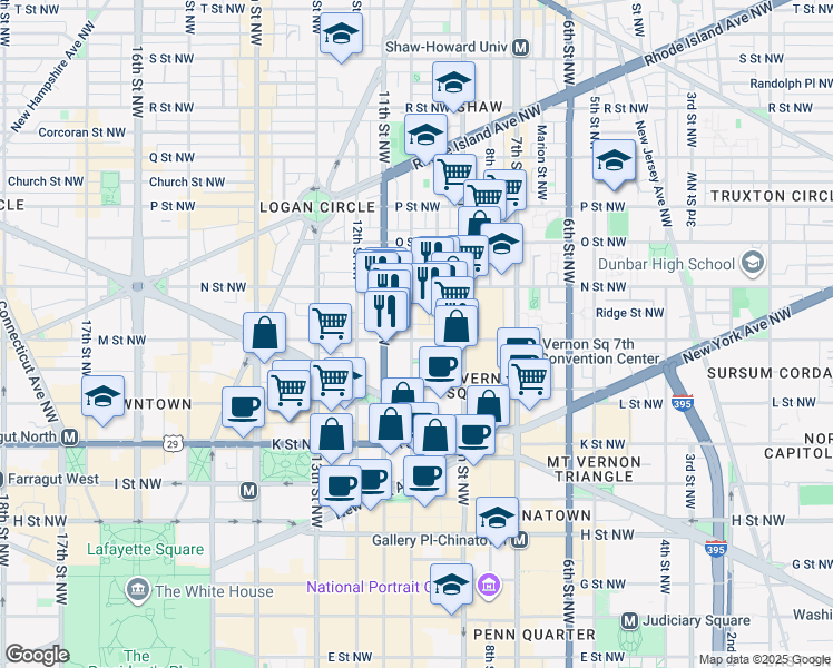 map of restaurants, bars, coffee shops, grocery stores, and more near 941 M Street Northwest in Washington