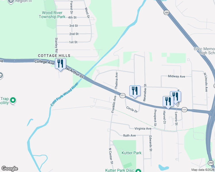 map of restaurants, bars, coffee shops, grocery stores, and more near 16 Rose Avenue in Madison County