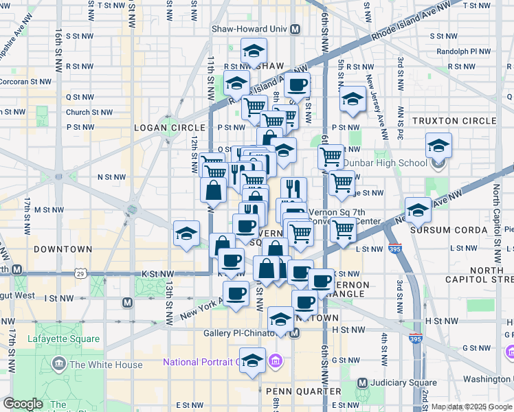 map of restaurants, bars, coffee shops, grocery stores, and more near 901 M Street Northwest in Washington