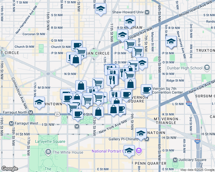 map of restaurants, bars, coffee shops, grocery stores, and more near 1109 M Street Northwest in Washington