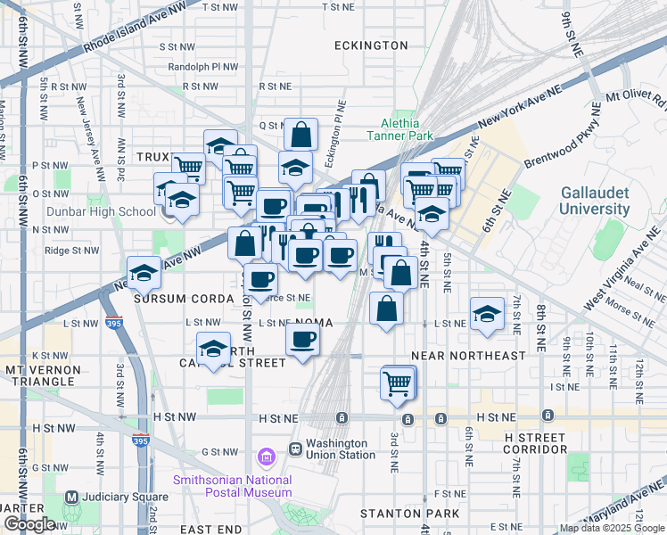 map of restaurants, bars, coffee shops, grocery stores, and more near 130 M Street Northeast in Washington