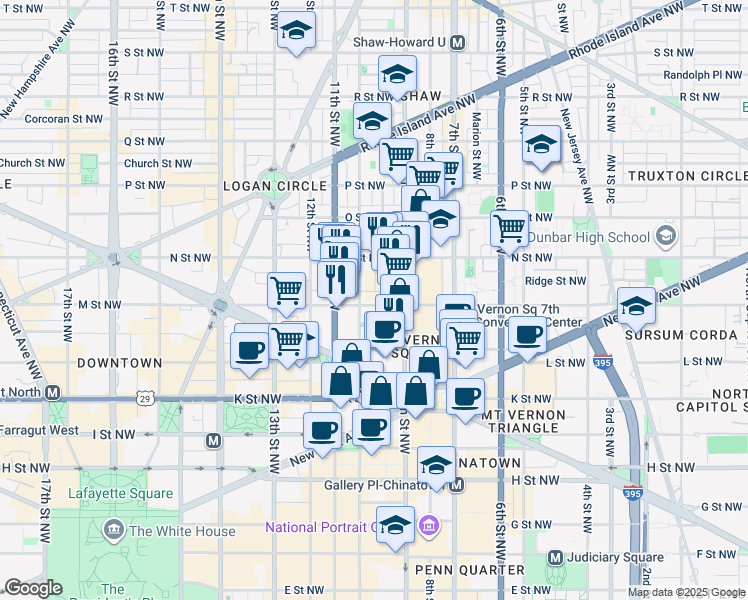 map of restaurants, bars, coffee shops, grocery stores, and more near 933 M Street Northwest in Washington