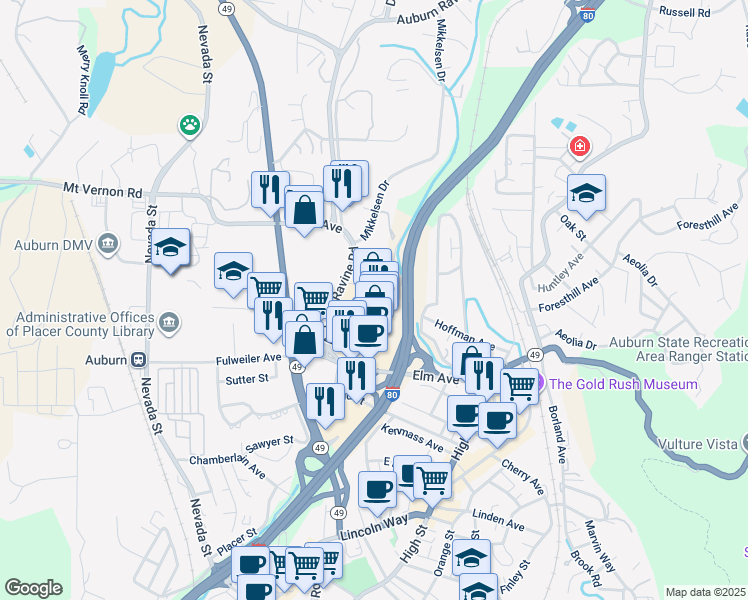map of restaurants, bars, coffee shops, grocery stores, and more near 372 Elm Avenue in Auburn