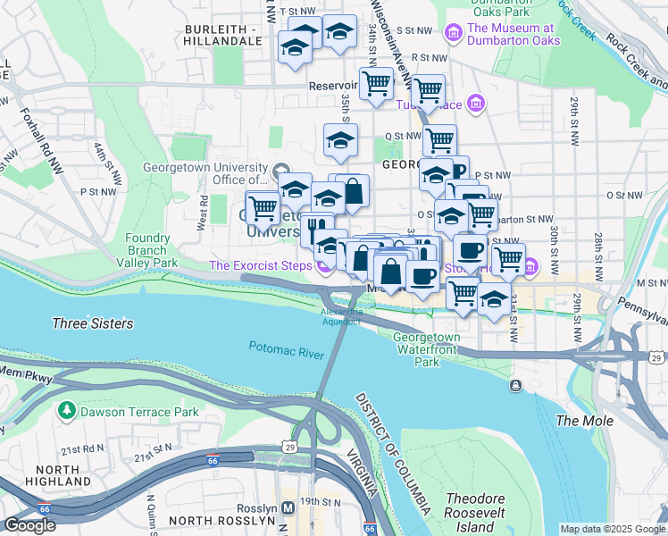 map of restaurants, bars, coffee shops, grocery stores, and more near 3520 M Street Northwest in Washington