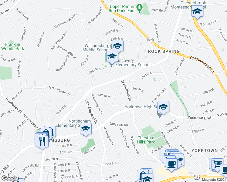 map of restaurants, bars, coffee shops, grocery stores, and more near 5517 32nd Street North in Arlington