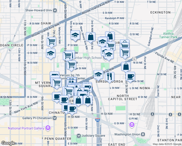 map of restaurants, bars, coffee shops, grocery stores, and more near 301 M Street Northwest in Washington