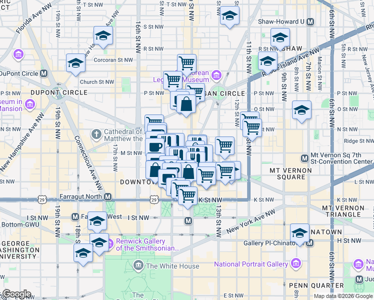 map of restaurants, bars, coffee shops, grocery stores, and more near 1401 Massachusetts Avenue Northwest in Washington
