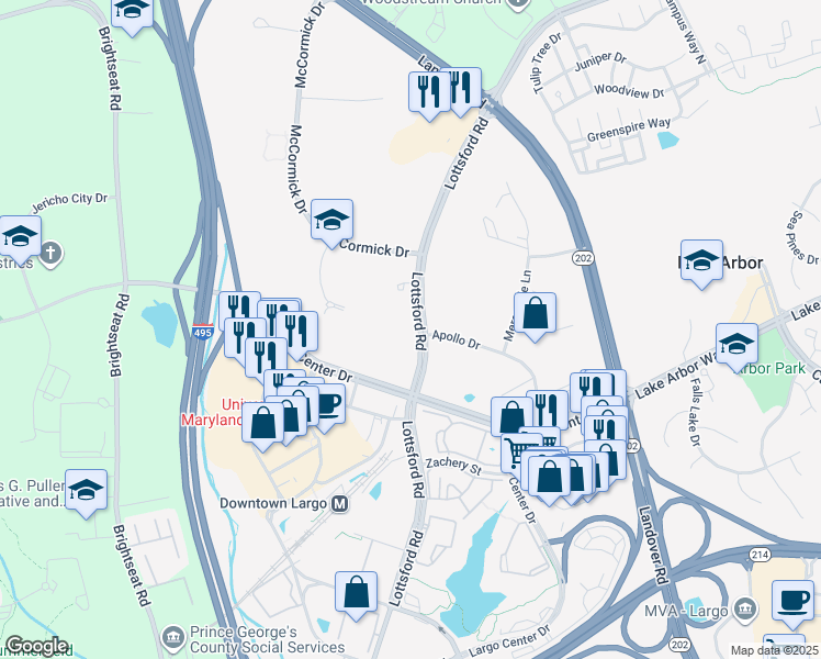 map of restaurants, bars, coffee shops, grocery stores, and more near 9400 Lottsford Road in Upper Marlboro