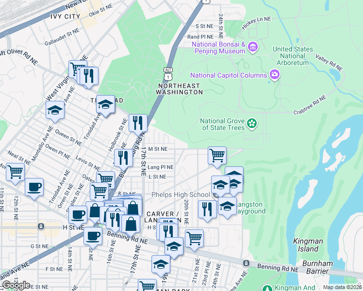 map of restaurants, bars, coffee shops, grocery stores, and more near 101 Independence Avenue Southeast in Washington