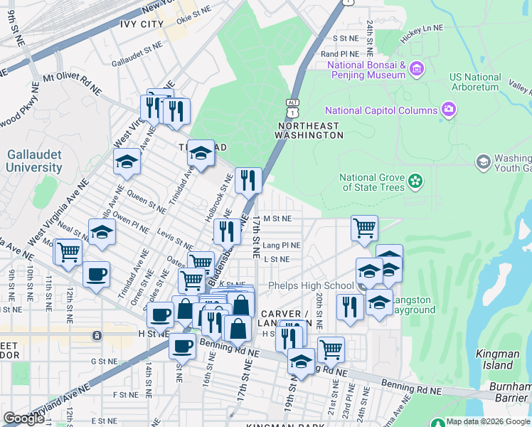 map of restaurants, bars, coffee shops, grocery stores, and more near 101 Independence Avenue Southeast in Washington