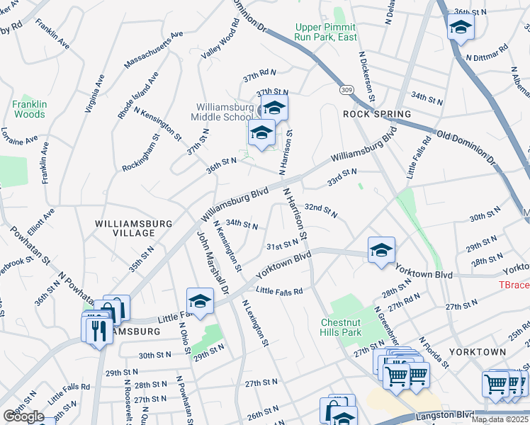 map of restaurants, bars, coffee shops, grocery stores, and more near 5517 32nd Street North in Arlington