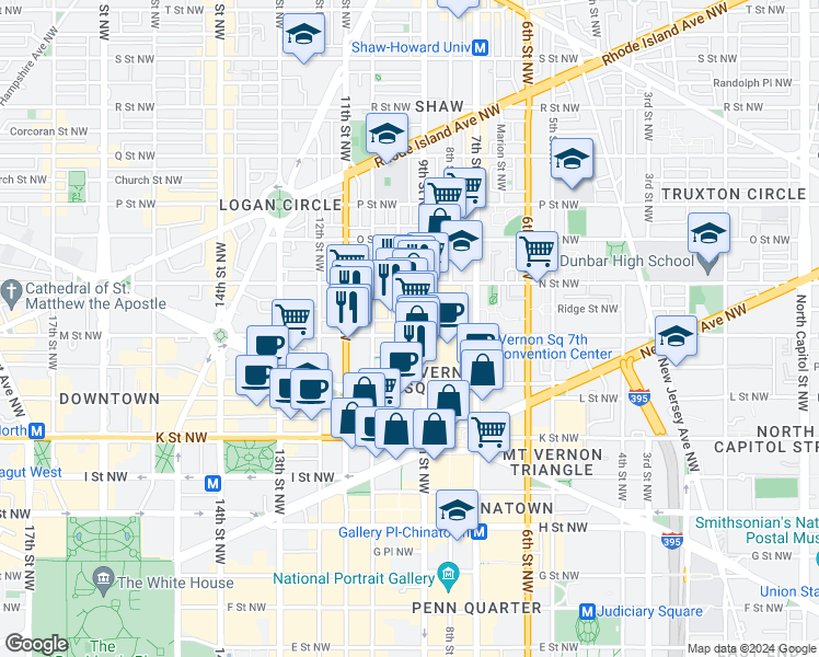 map of restaurants, bars, coffee shops, grocery stores, and more near 909 M Street Northwest in Washington