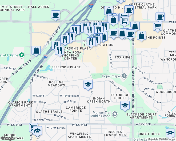 map of restaurants, bars, coffee shops, grocery stores, and more near 12230 South Strang Line Court in Olathe