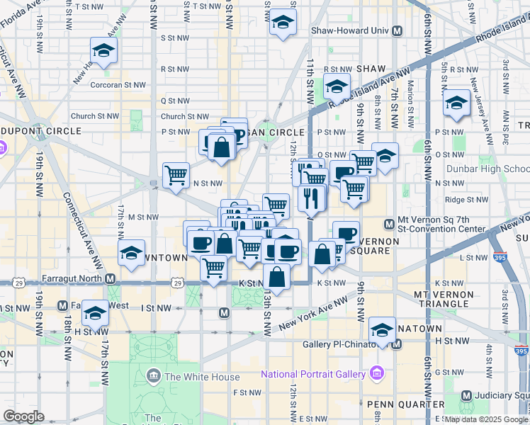 map of restaurants, bars, coffee shops, grocery stores, and more near 1301 M Street Northwest in Washington