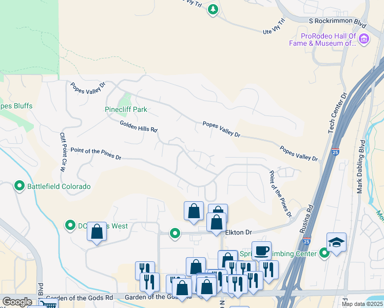 map of restaurants, bars, coffee shops, grocery stores, and more near 645 Autumn Crest Circle in Colorado Springs