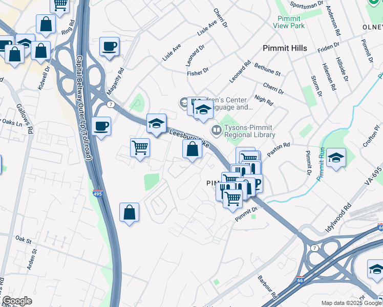 map of restaurants, bars, coffee shops, grocery stores, and more near 2120 Hutchison Grove Court in Falls Church