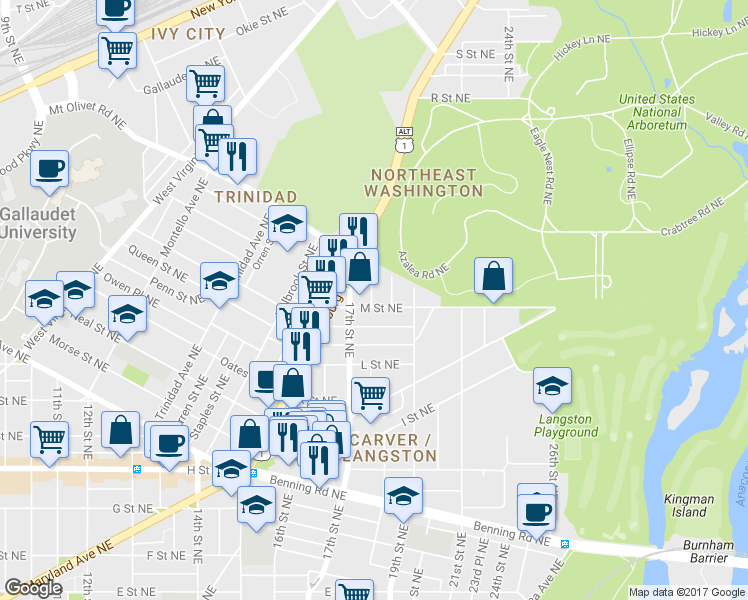 map of restaurants, bars, coffee shops, grocery stores, and more near 1800 M Street Northeast in Washington