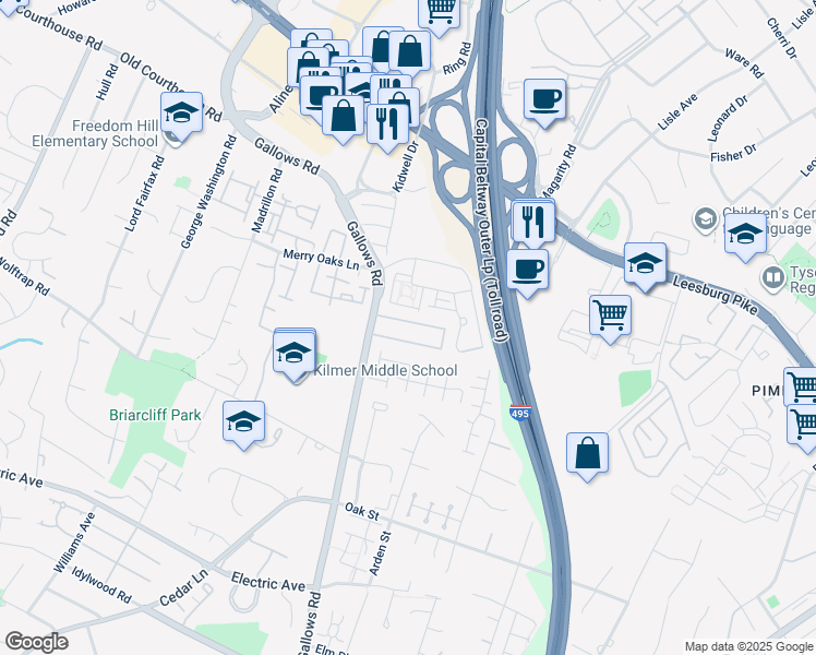 map of restaurants, bars, coffee shops, grocery stores, and more near 7894 Tyson Oaks Circle in Vienna