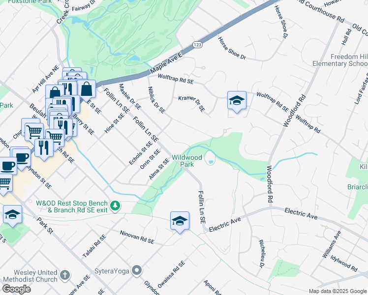 map of restaurants, bars, coffee shops, grocery stores, and more near 513 Mashie Drive Southeast in Vienna