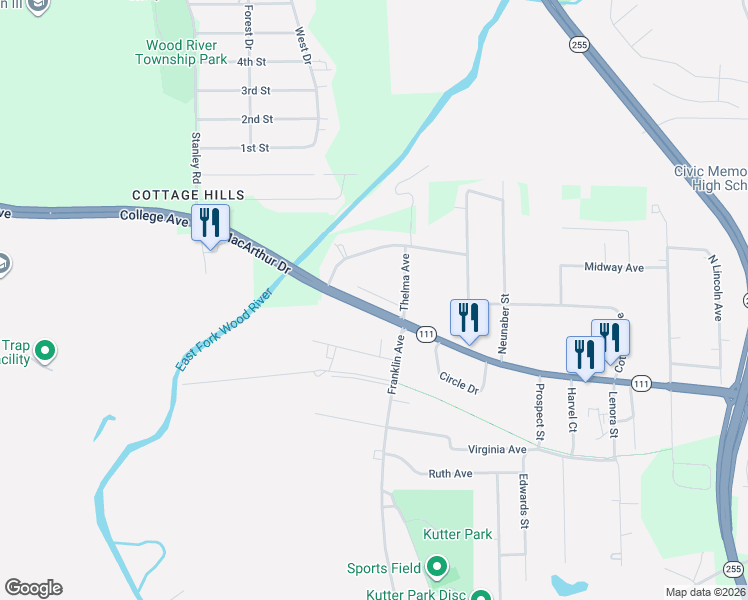 map of restaurants, bars, coffee shops, grocery stores, and more near 16 Rose Avenue in Madison County