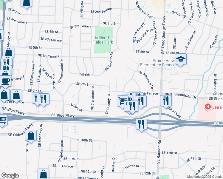 map of restaurants, bars, coffee shops, grocery stores, and more near 711 Southeast Country Lane in Lee's Summit