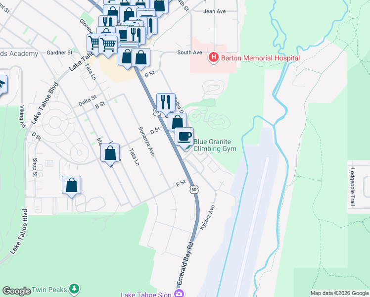 map of restaurants, bars, coffee shops, grocery stores, and more near 2030 E Street in South Lake Tahoe