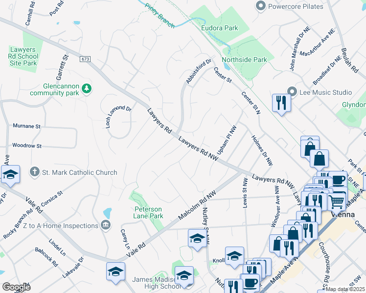 map of restaurants, bars, coffee shops, grocery stores, and more near 2221 Terra Ridge Drive in Vienna