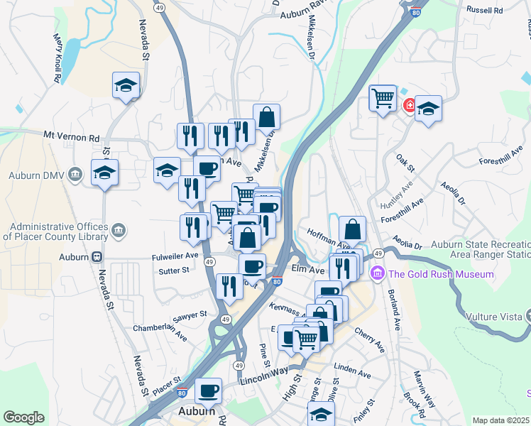 map of restaurants, bars, coffee shops, grocery stores, and more near 372 Elm Avenue in Auburn