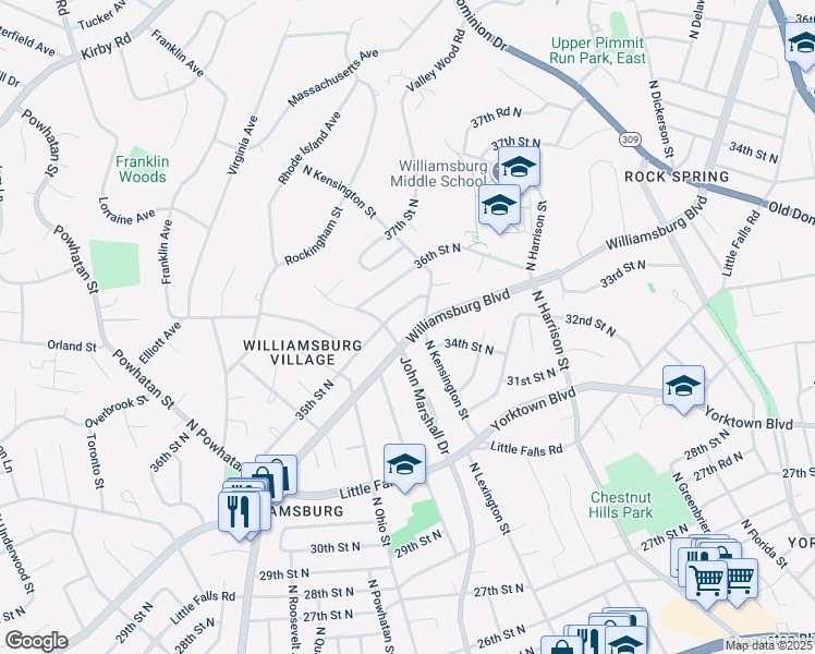 map of restaurants, bars, coffee shops, grocery stores, and more near 5801 Williamsburg Boulevard in Arlington