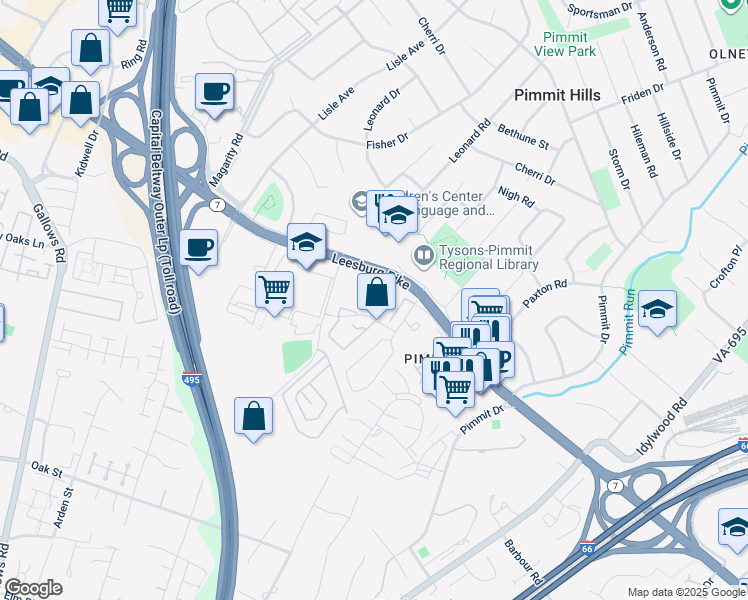 map of restaurants, bars, coffee shops, grocery stores, and more near 2120 Hutchison Grove Court in Falls Church