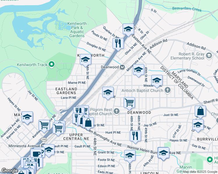 map of restaurants, bars, coffee shops, grocery stores, and more near 1136 45th Street Northeast in Washington