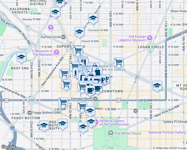 map of restaurants, bars, coffee shops, grocery stores, and more near 1730 Rhode Island Avenue Northwest in Washington