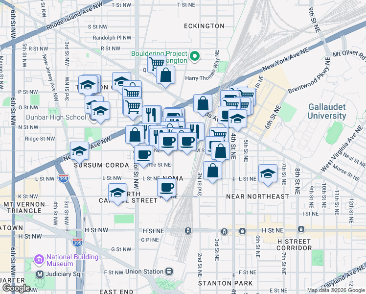 map of restaurants, bars, coffee shops, grocery stores, and more near 130 M Street Northeast in Washington