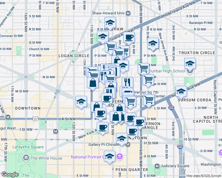 map of restaurants, bars, coffee shops, grocery stores, and more near 903 M Street Northwest in Washington