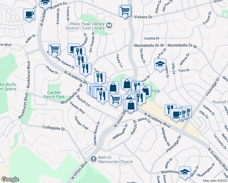 map of restaurants, bars, coffee shops, grocery stores, and more near 5125 North Academy Boulevard in Colorado Springs