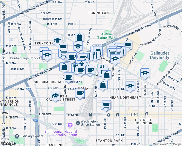 map of restaurants, bars, coffee shops, grocery stores, and more near 150 M Street Northeast in Washington