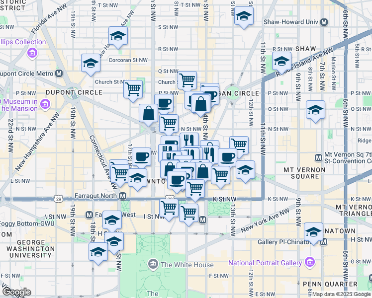 map of restaurants, bars, coffee shops, grocery stores, and more near 1201 15th Street Northwest in Washington