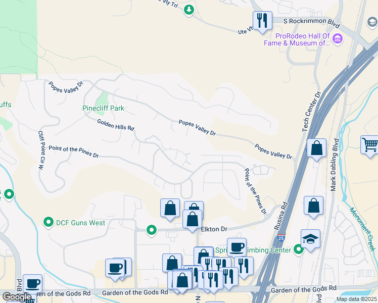 map of restaurants, bars, coffee shops, grocery stores, and more near 550 Autumn Crest Circle in Colorado Springs