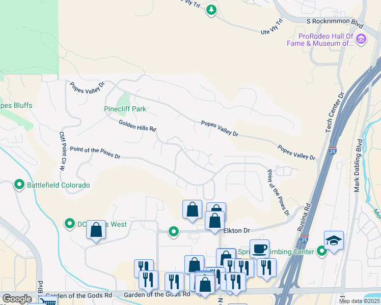map of restaurants, bars, coffee shops, grocery stores, and more near 645 Autumn Crest Circle in Colorado Springs