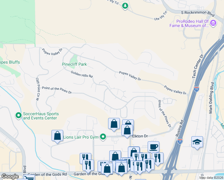 map of restaurants, bars, coffee shops, grocery stores, and more near 645 Autumn Crest Circle in Colorado Springs