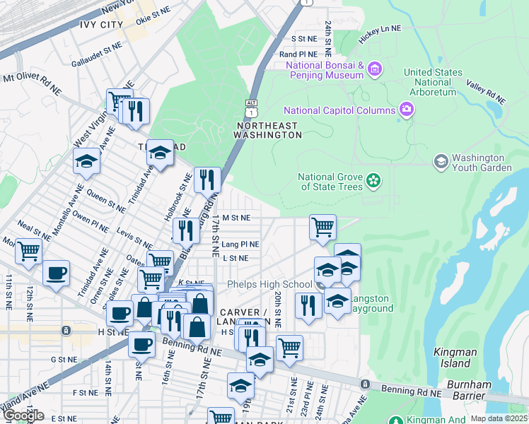map of restaurants, bars, coffee shops, grocery stores, and more near 101 Independence Avenue Southeast in Washington