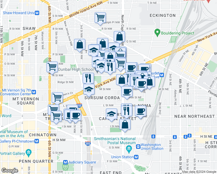 map of restaurants, bars, coffee shops, grocery stores, and more near 101 Independence Avenue Southeast in Washington
