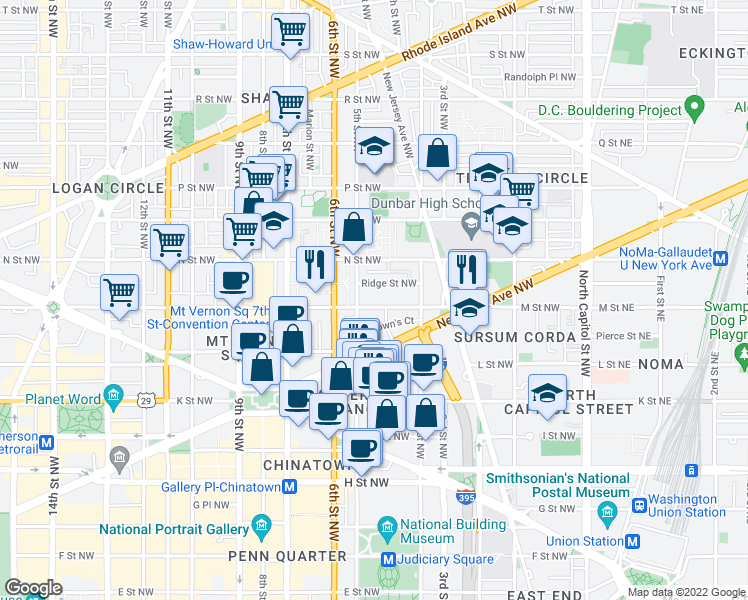 map of restaurants, bars, coffee shops, grocery stores, and more near 101 Independence Avenue Southeast in Washington
