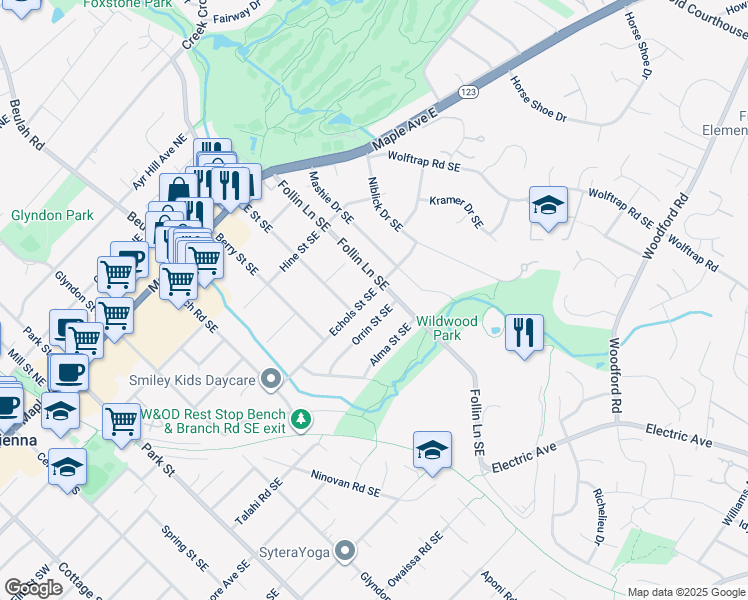 map of restaurants, bars, coffee shops, grocery stores, and more near 623 Echols Street Southeast in Vienna