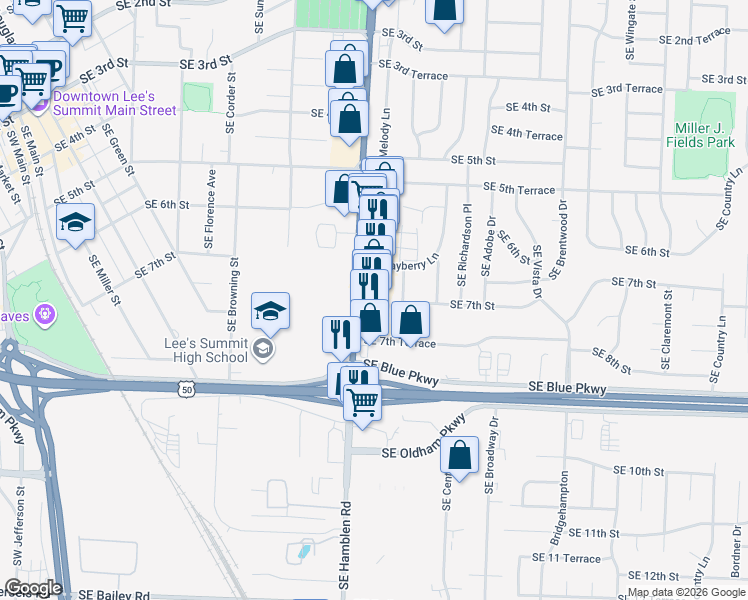 map of restaurants, bars, coffee shops, grocery stores, and more near M Route 291 in Lee's Summit