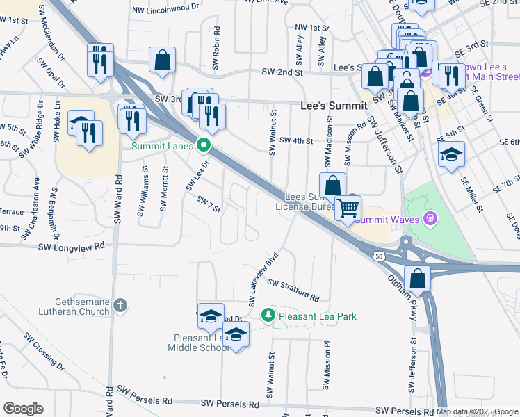 map of restaurants, bars, coffee shops, grocery stores, and more near 910 Southwest Lakeview Boulevard in Lee's Summit