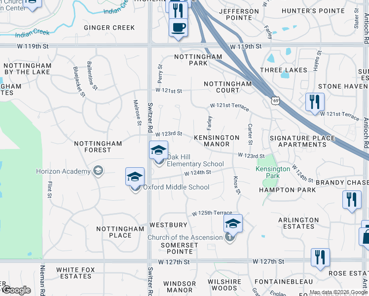 map of restaurants, bars, coffee shops, grocery stores, and more near 12317 Wedd Street in Overland Park