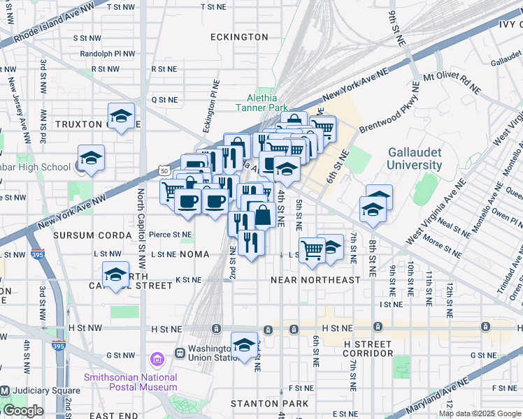 map of restaurants, bars, coffee shops, grocery stores, and more near 101 Independence Avenue Southeast in Washington