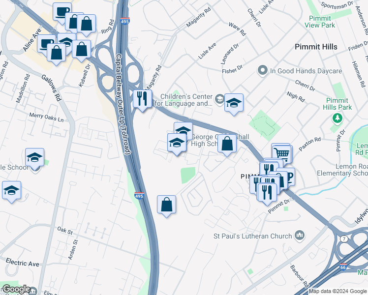 map of restaurants, bars, coffee shops, grocery stores, and more near 7731 Leesburg Pike in Falls Church